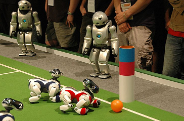 A photograph of ERS-7 units competing in the RoboCup League. A unit marked in red is passing by a unit marked in black, closing in on an orange ball. Humans and NAO androids watch from the sidelines.