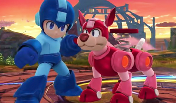 A screenshot of Rush and Mega Man from Super Smash Bros. Wii U. Mega Man is a pale young boy outfitted in blue, complete with a helmet and arm blaster, while Rush is a tan dog with a large nose and red robotic armour.