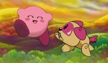 A screenshot of Robot Pet and Kirby from Kirby: Right Back At Ya! Kirby is a pink ball with nubby arms, magenta shoes and a bright smile. Robot Pet is a yellow machine with an oversized head, pink ears, and a pink visor that houses its beady eyes.