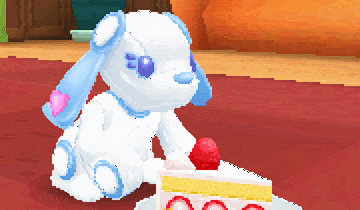 A screenshot of Wappy from Wappy Dog. It is a smooth robotic pet with a short muzzle, long eyelashes and oversized paws. Its blue nose and droopy ears are pale blue.