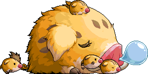 A piece of pixel art from Maplestory depicting a mother boar sleeping while her children play around her.