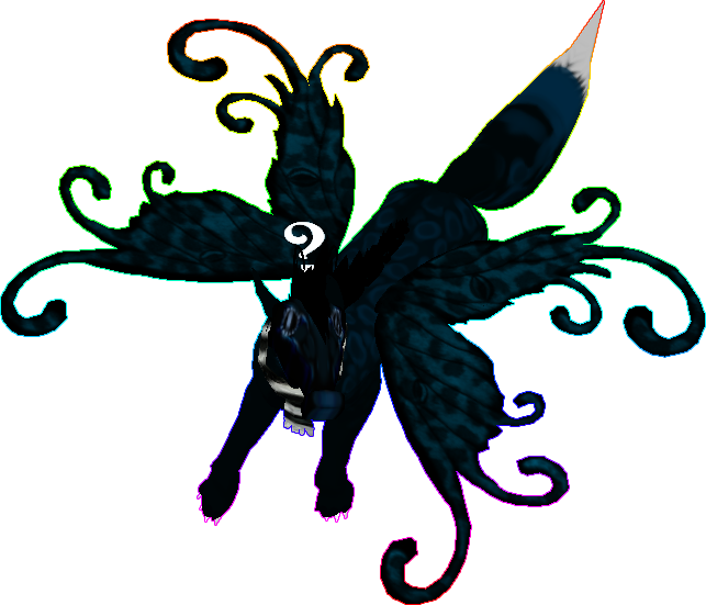 An original character named Breach. Dark blue in colour and covered in lighter dapples of teal, its body resembles a feline and its face resembles an insect. It has extravagant, curly butterfly wings and a fat tail which ends in a sharp white point. A question mark hovers above its inquisitive, boggly eyes and it's wearing a black and white striped scarf.