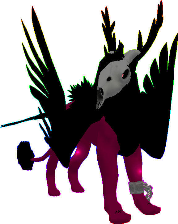 An original character named Crucible. Made to look like a gryphon, the lower half of their body depicts a magenta-coloured lion and the upper half of their body resembles a raven or crow. They are wearing a cow's skull on their head to imitate a beak and have two black deer antlers poking out from the feathers on their head. They also have a shackle on their left foreleg.