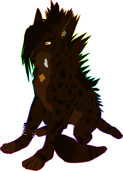 An original character named Silk. Intended to resemble a hyena, they have a long canine muzzle and a jagged mane that runs down their spine and flops over the right side of their face. Their pelt is dark brown, their underbelly is light brown, and they are covered in near-black speckles. They are wearing earrings, one gold and one silver, and a golden pendant that matches their eye colour.