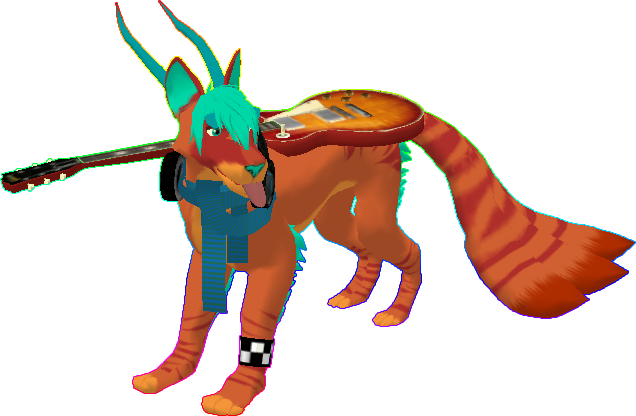 An original character named Yo-Yo. It is a three-tailed orange fox with dark orange stripes and a yellow underbelly. It has a bright teal tuft of hair on its head, a bright teal nose, and bright teal horns poking out from behind its upright ears. It is wearing a blue scarf, a pair of black headphones, and a sunburnt guitar.