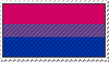 A small stamp of the bisexual pride flag. It is magenta, purple and blue.