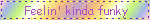 A blinkie that reads 'feelin' kinda funky' in purple text against a muted rainbow background.