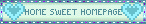 A blinkie that reads 'home sweet homepage' in blue text next to two blue pixel art hearts.