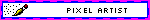 A blinkie that reads 'pixel artist' in small black text next to pixel art of a paintbrush that is scattering loose pixels.