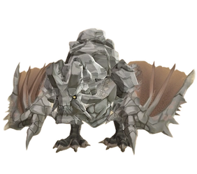 An image of Basarios, a wyvern-like monster with a heavy pelt of slate-grey boulders. Its face is hard to distinguish.