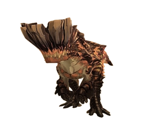 An image of Barroth, a brown and orange bipedal monster with a posture similar to t-rex. Its head is adorned with a heavy, rocky crown.