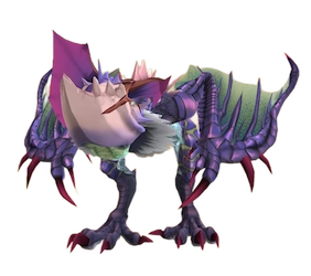 An image of Yian Garuga, a purple hornbill-like monster with the wings of a wyvern and the beak of a prehistoric bird. Its left eye is heavily scarred.