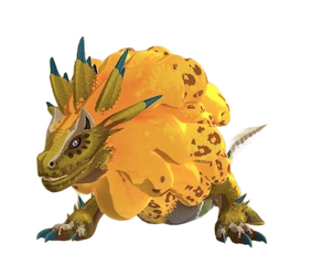 An image of Royal Ludroth, a green iguana-like monster with a large yellow mane made of sponge.