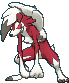 A gif of Lycanroc (Midnight Form), a red werewolf Pokemon with low, drooping arms and an impressive mohawk. It is swaying from side to side.
