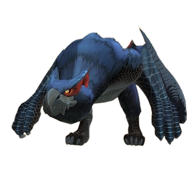 An image of Nargacuga, a black bat-like monster with a sleek, furry coat and the beak of a bird. It has a red marking that runs from its eyes to its inner ear.