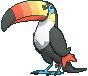 A gif of Toucannon, a black and white bird Pokemon that resembles a toucan. Its long beak is multiple shades of orange and yellow. It is standing very still.