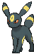 A gif of Umbreon, a black Pokemon with the perked ears and tail of a dog and the sleek limbs of a cat. It has yellow rings on its head, limbs, tail, and ears. It is standing very still with a focused posture.
